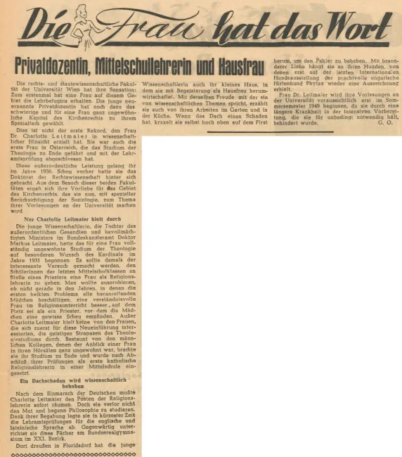 Zeitungsartikel "Privatdozentin, Mittelschullehrerin und Hausfrau", aus: Wiener Kurier, 19. August 1948
