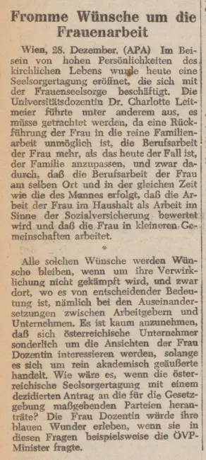 Zeitungsartikel "Fromme Wünsche um die Frauenarbeit", aus: Die neue Zeit, 29. Dezember 1953 