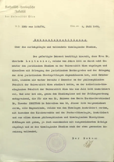 Dekanatsbestätigung für Charlotte Leitmaier über das vollendete theologische Studium, 9. Juli 1936