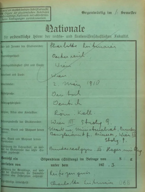 Nationale (Inskriptionsblatt) von Charlotte Leitmaier aus ihrem ersten Studiensemester an der Rechts- und Staatswissenschaftlichen Fakultät, Wintersemester 1928/29