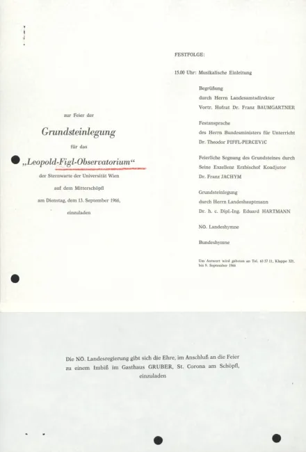 Einladung zur Grundsteinlegung für das Leopold Figl-Observatorium am Mitterschöpfl am 13. September 1966