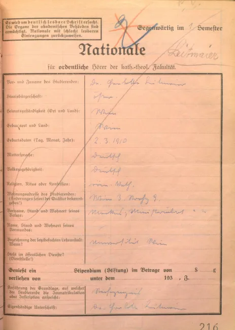Nationale (Inskriptionsblatt) von Charlotte Leitmaier aus ihrem ersten Studiensemester an der Katholisch-Theologischen Fakultät, Wintersemester 1933/34