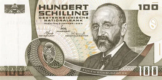 Eugen Böhm von Bawerk auf der Vorderseite der 100 Schilling-Note (1985)