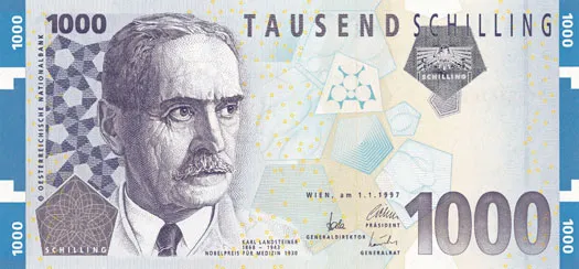 Karl Landsteiner auf der Vorderseite der 1000 Schilling-Note (1997)