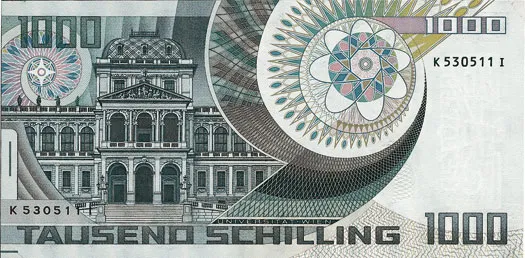 Das Hauptgebäude der Universität Wien auf der Rückseite der 1000 Schilling-Note (1983–1997)