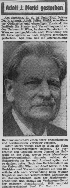 Zeitungsausschnitt: Todesmeldung von Adolf Merkl (1890–1970)