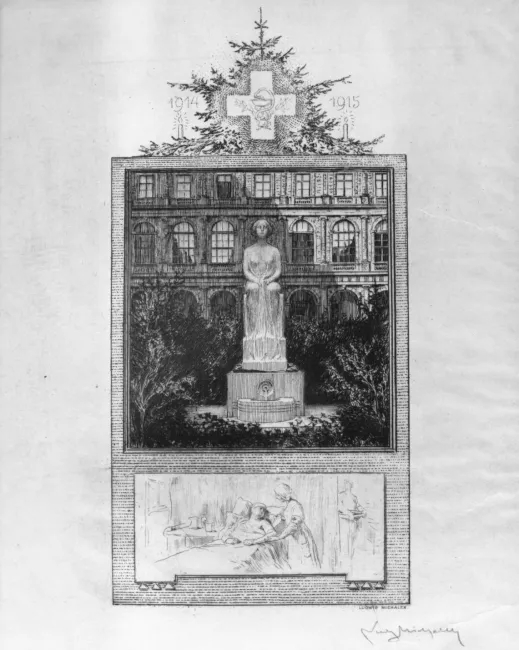 Weihnachtsgabe des Verwundetenspitals der k. k. Universität Wien 1915: Gedenkblatt mit Abbildung des Kastaliabrunnens im Ark…