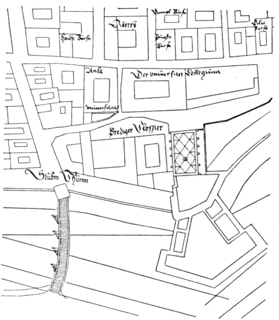 Alte Universität (Herzogskolleg und später entstandene Universitätsbauten) im Stadtplan von Bonifaz Wolmuet (Detailansicht),…