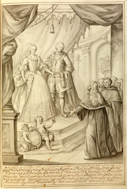 Rektor Johannes Joseph Fraisl und die vier Dekane überbringen Maria Anna von Habsburg und Karl Alexander von Lothringen ihre…