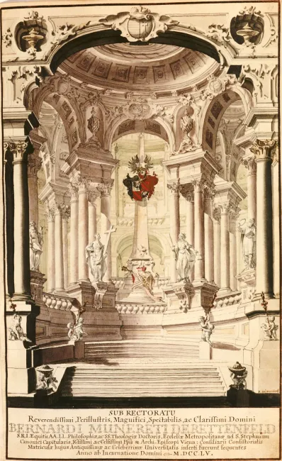 Rektorenblatt von Bernhard Nicolaus Muneretti [Munereti] von Rettenfeld (Rektor 1754/55)