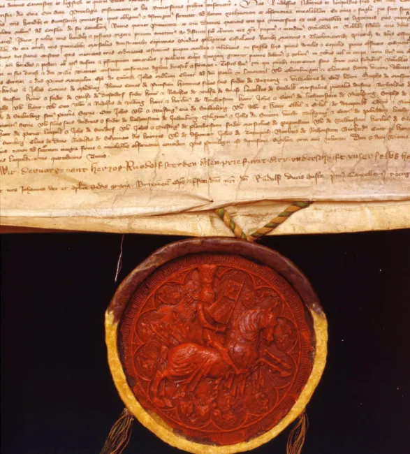 Großes Reitersiegel Herzog Rudolfs IV. am Stiftbrief der Universität Wien (lateinische Fassung), 1365