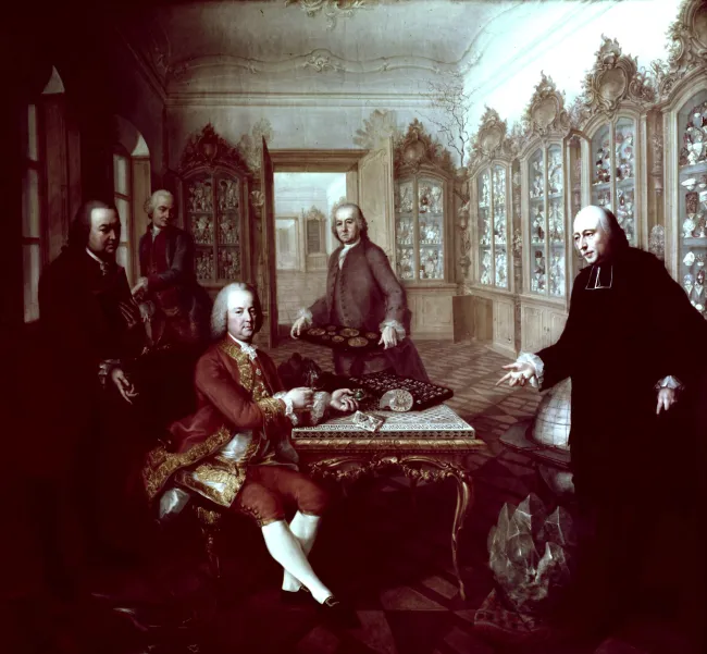 Kaiser Franz I. Stephan im Kreise der Sammlungsdirektoren Duval, Baillon, Marcy und van Swieten