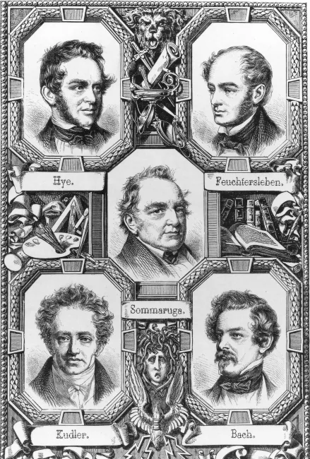 Erinnerungsbild zur Revolution 1848: Anton Hye, Ernst von Feuchtersleben, Franz von Sommaruga, Joseph Kudler, Alexander Bach