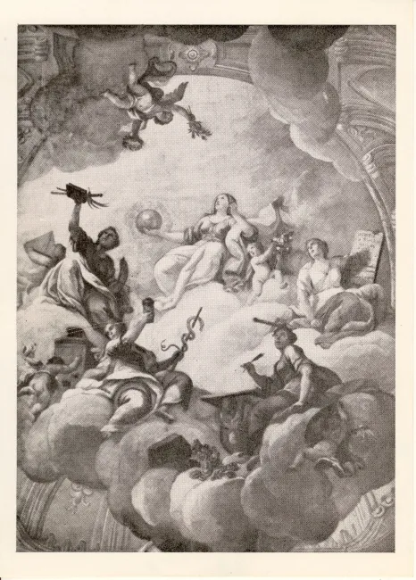 Allegorie der profanen Wissenschaften, Ausschnitt aus dem Deckenfresko des Bibliothekssaales des Akademischen Kolleg (1734),…