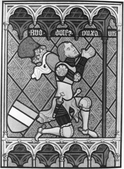 Herzog Rudolf IV. knieend mit dem österreichischen Bindenschild
