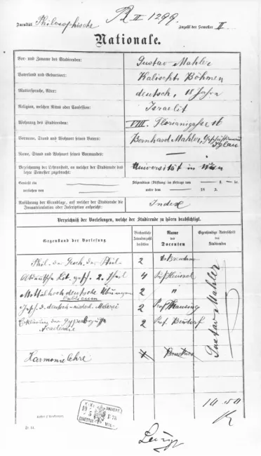 Gustav Mahlers eigenhändig geschriebenes Inskriptionsblatt der Universität Wien, Sommersemester 1878, für Anton Bruckners Vo…