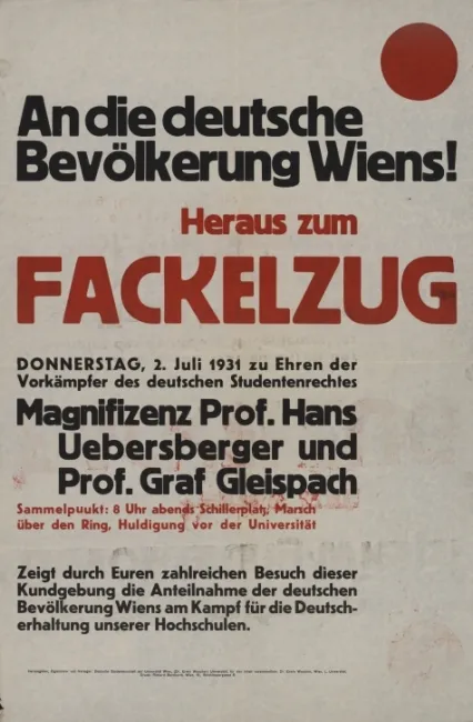 Plakat zum Fackelzug der Deutschen Studentenschaften Wiens für Prof. Wenzel Gleispach