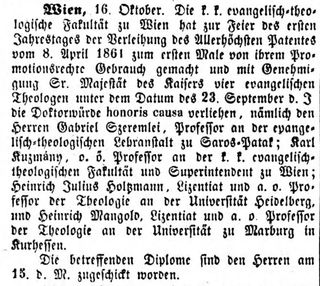 Zeitungsmeldung zur Verleihung der ersten Ehrendoktorate der Evangelisch-Theologischen Fakultät, in: Wiener Zeitung, 20.10.1…