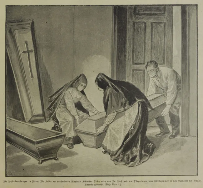 Einsargung der an der Pest verstorbenen Albine Pecha. Illustration aus Das interessante Blatt, 03.11.1898, S. 5