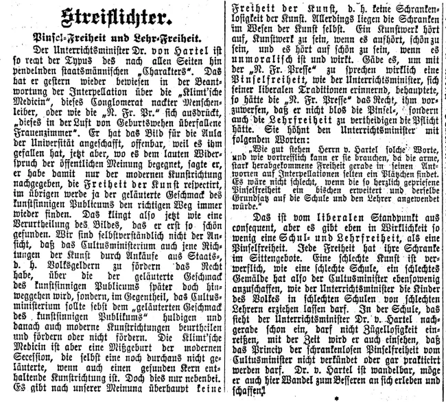 „Pinsel-Freiheit und Lehr-Freiheit“, Zeitungsartikel in „Reichspost“ vom 31. Mai 1901
