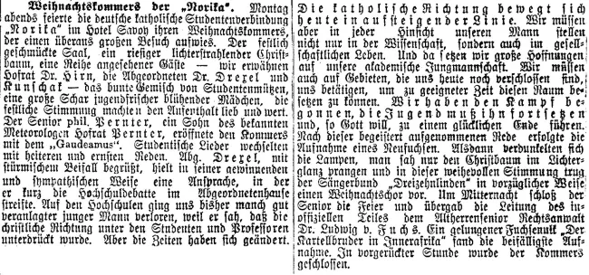 „Weihnachtskommers der ‚Norica‘“, Zeitungsartikel in Reichspost vom 12. Dezember 1907