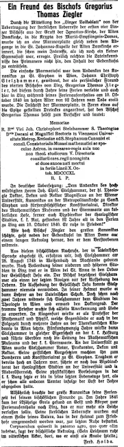 „Ein Freund des Bischofs Gregorius Thomas Ziegler“, Zeitungsartikel über Johann Christoph Stelzhammer in Linzer Volksblatt v…