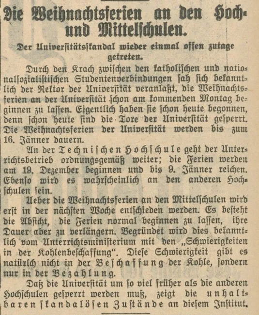 „Die Weihnachtsferien an den Hoch- und Mittelschulen“, Zeitungsartikel in Der Abend vom 10. Dezember 1932