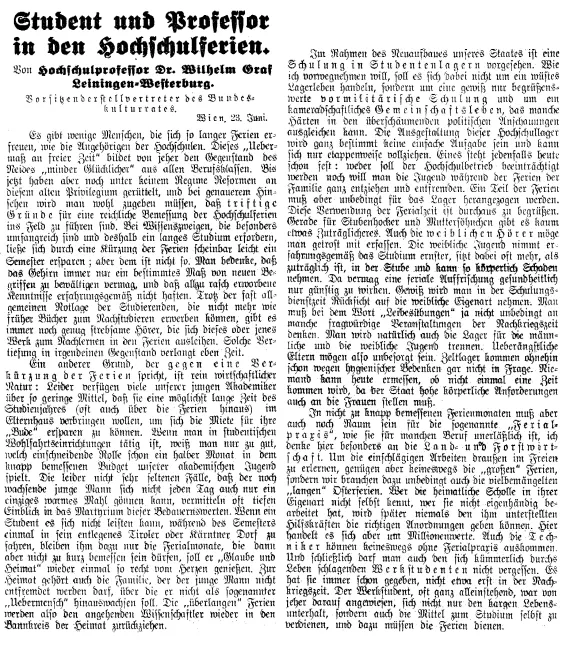 „Student und Professor in den Hochschulferien“, Zeitungsartikel in Neue Freie Presse vom 23. Juni 1935