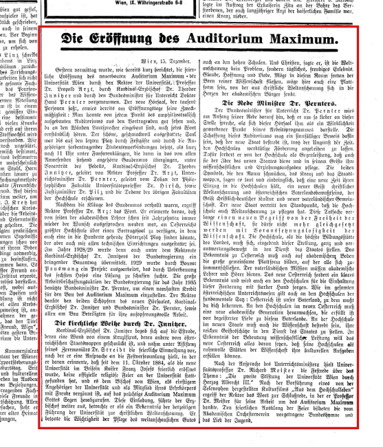 Bericht über die Eröffnung des Auditorium Maximum in der Neuen Freien Presse, 15. Dezember 1936