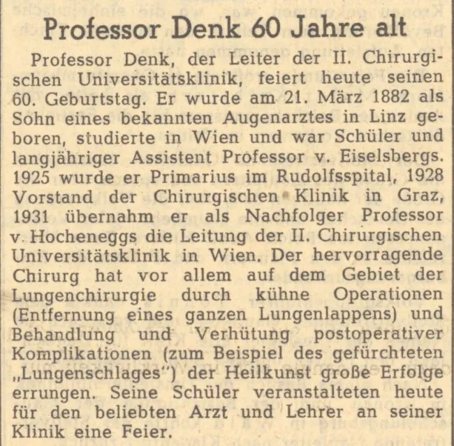 Zeitungsartikel „Professor Denk 60 Jahre alt“, in: Völkischer Beobachter, 21.03.1942