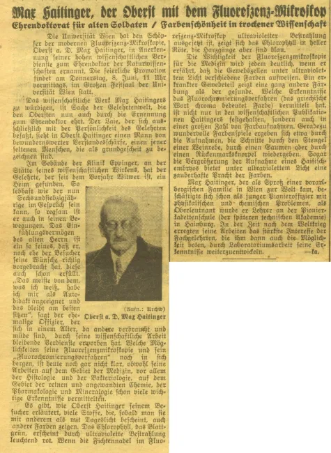Zeitungsartikel „Max Haitinger, der Oberst mit dem Fluoreszenz-Mikroskop“, in: Illustrierte Kronen-Zeitung, 07.06.1944