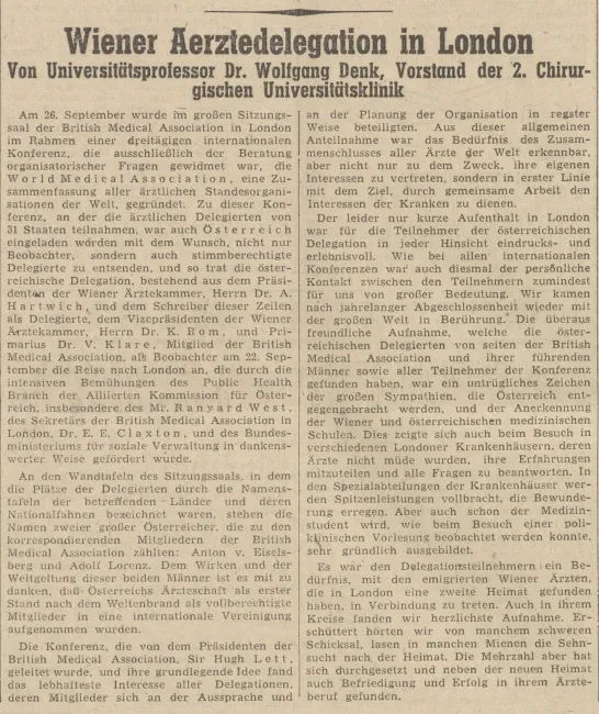 Zeitungsartikel „Wiener Aerztedelegation in London“, in: Weltpresse, 19.10.1946
