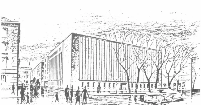 1951 Universitätsbibliothek Neubau, Projektskizze Ecke Universitätsstraße/Helfersdorferstraße (Arch. Nobis/Dreier, Wettbewer…