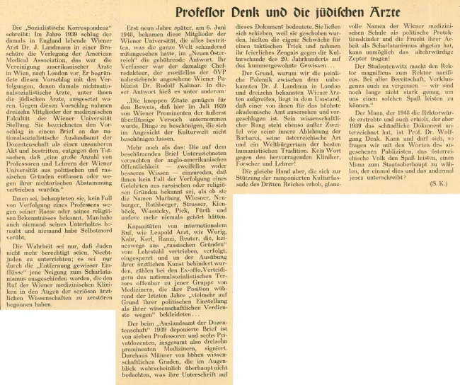 Zeitungsartikel „Professor Denk und die jüdischen Ärzte“, in: Neue Welt, Mai 1957