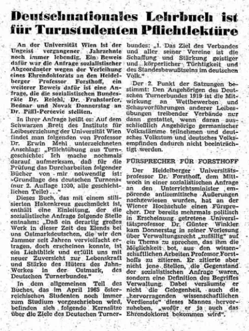 „Deutschnationales Lehrbuch ist für Turnstudenten Pflichtlektüre“, Zeitungsartikel in „Arbeiter-Zeitung“ vom 30. April 1965