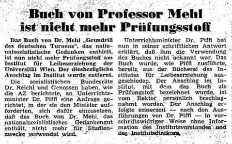 „Buch von Professor Mehl ist nicht mehr Prüfungsstoff“, Zeitungsartikel in „Arbeiter-Zeitung“ vom 23. Mai 1965