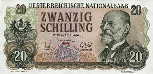 Carl Auer von Welsbach auf der Vorderseite der 20 Schilling-Note (1956)