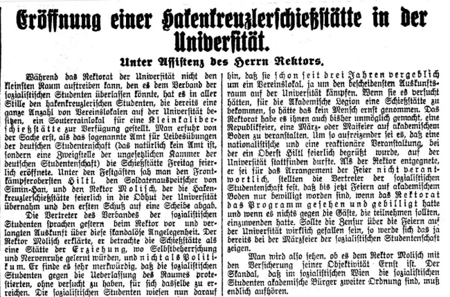 „Eröffnung einer Hakenkreuzlerschießstätte in der Universität Wien“, Zeitungsartikel in „Arbeiter-Zeitung“ vom 19. Jänner 19…