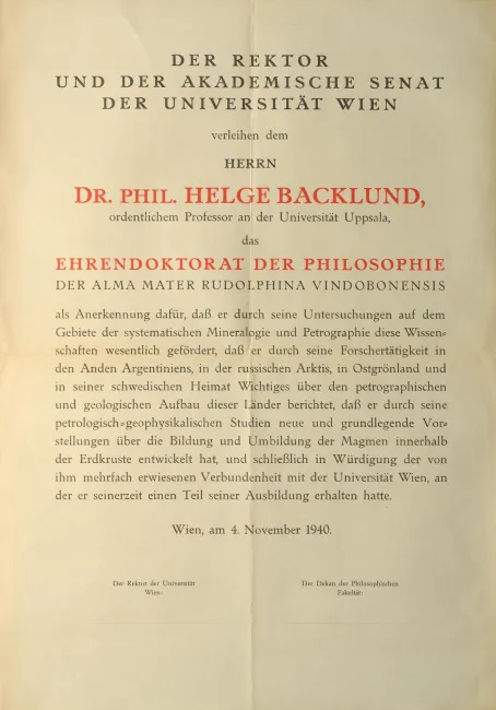 Probedruck des Ehrendiploms für Helge Backlund