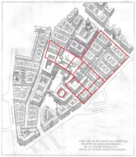 Städtebauliche Studie Leopold Bauers 1918, nach dem geplanten Abriss von AAKH, Garnisonsspital Nr. 1 und Offiziersspital