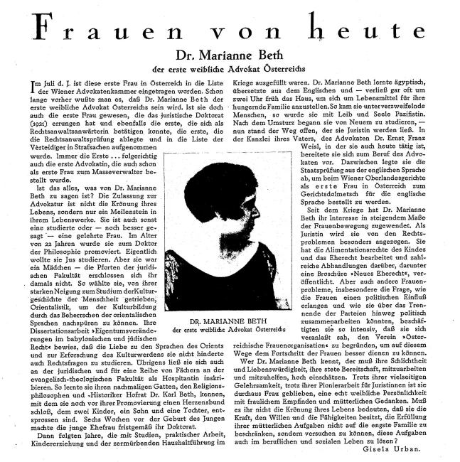 Zeitungsbericht „Dr. Marianne Beth – der erste weibliche Advokat Österreichs“