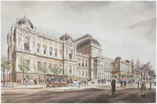 Das Hauptgebäude der Universität Wien im Entwurfsstadium etwa 1873, kolorierte Lithografie
