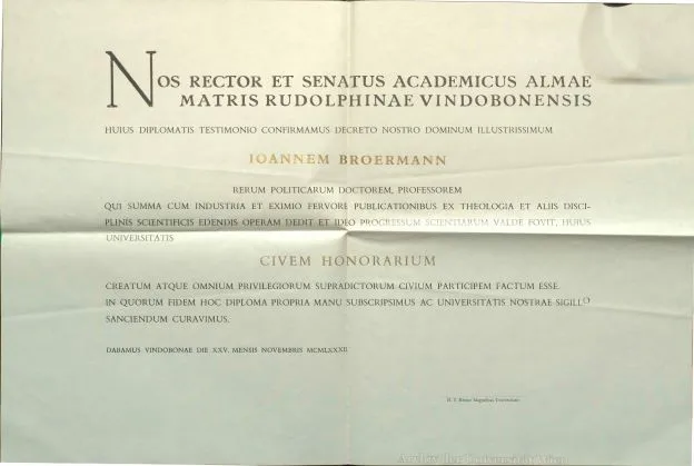 Ehrenbürgerdiplom Johannes Broermann, 1982