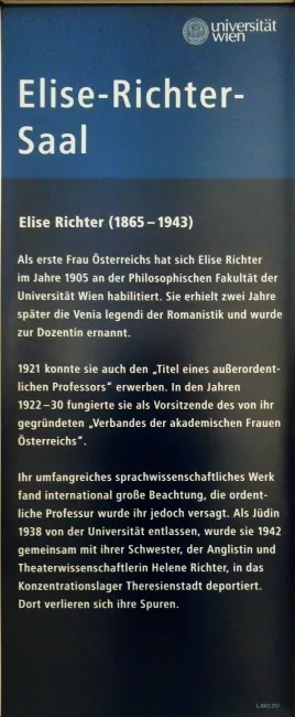 Beschriftung des Elise Richter-Saals im Hauptgebäude der Universität Wien
