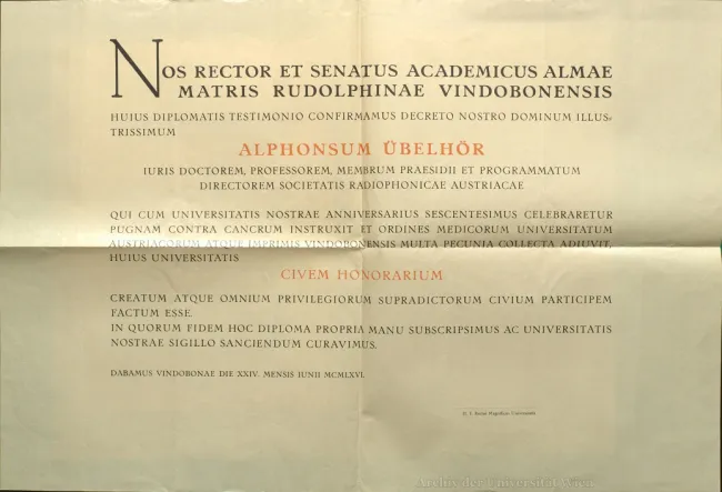 Alfons Übelhör, Ehrenbürger-Diplom