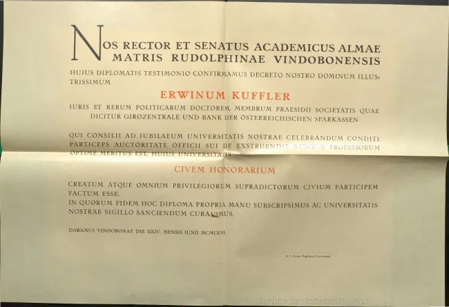 Ehrenbürgerdiplom Erwin Kuffler 1966