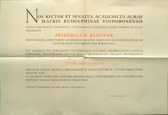 Ehrenbürger-Diplom Fritz Klenner 1966