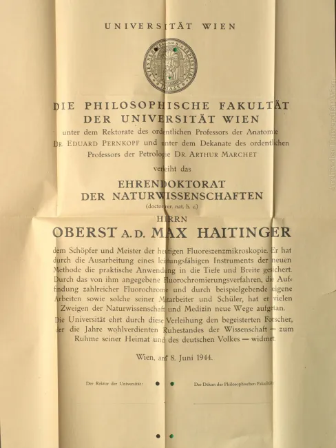 Probedruck des Ehrendiploms für Max Haitinger