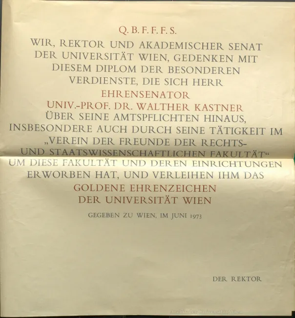 Goldenes Ehrenzeichen-Diplom Prof. Walther Kastner, 28. Juni 1973