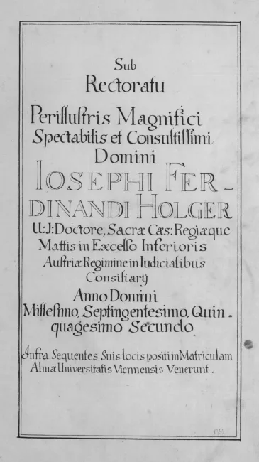 Rektorenblatt von Joseph Ferdinand Edler von Holger (Rektor 1750/51)